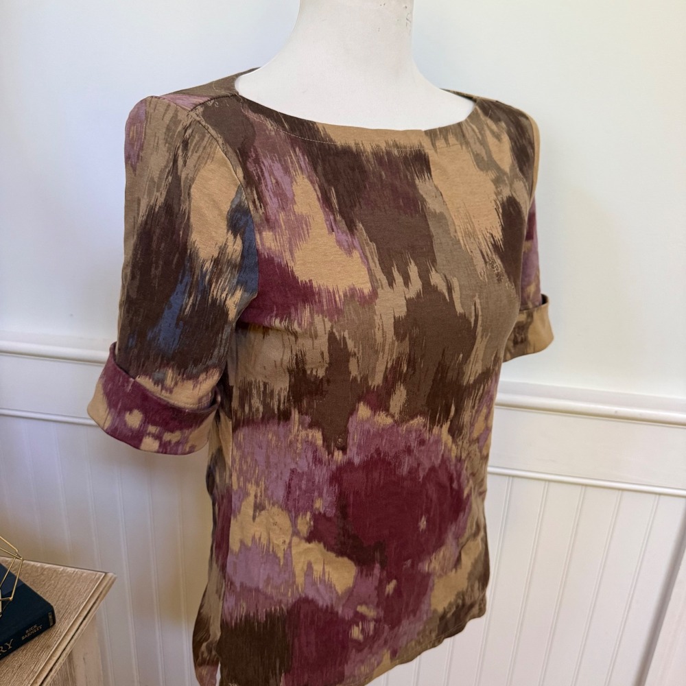 Lauren Ralph Lauren Brown Purple Abstract Ikat Boat Neck Elbow Sleeve Top M - Picture 2 of 8